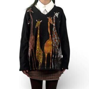 Marguerita Black Artsy Novelty Giraffe Print Sweater 2X Made in USA